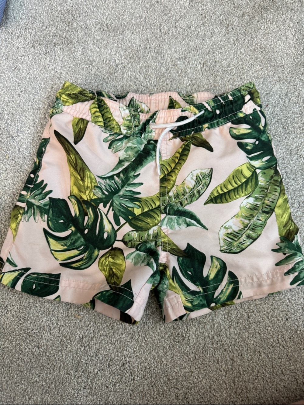 Janie and Jack Pink Swim Trunks with Green Tropical Leaf Print